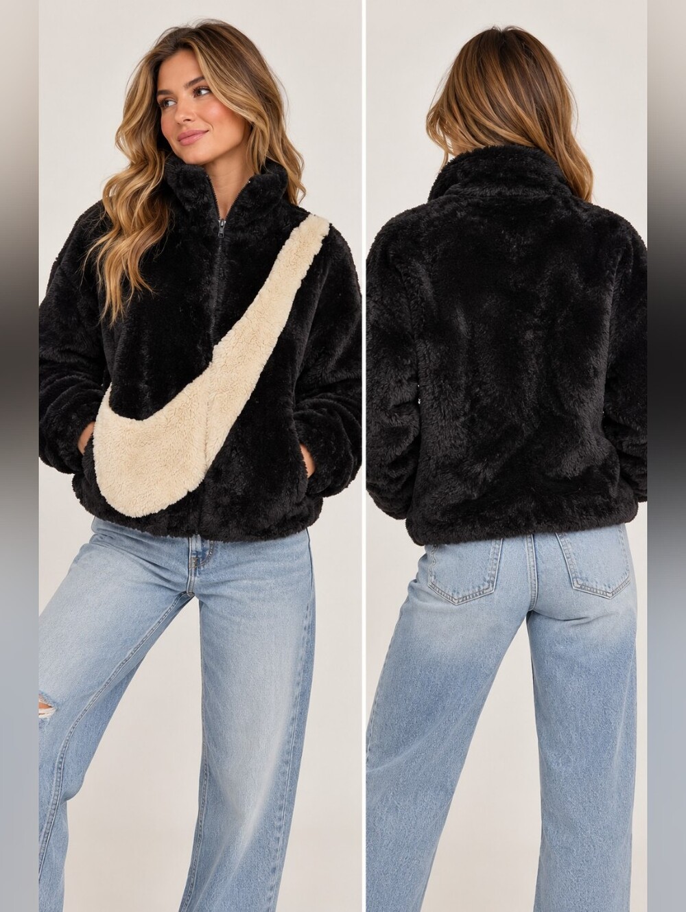 Nike Sportswear Faux Fur Swoosh Jacket Black Cream Sherpa Fleece Size Small